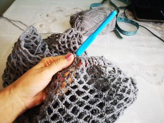 crochet, shopper bag, mesh, grey handmade9