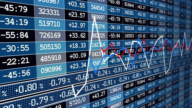 This stock motion graphics video shows a virtual display of financial stock market trading board.