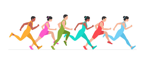 Jogging people. Runners group in motion. Flat Style. isolated on white background