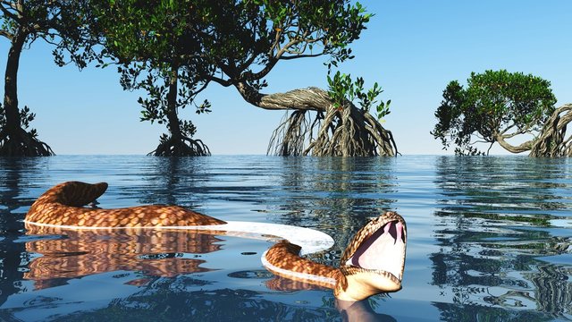 Snake in red mangroves on Florida coast 3d rendering