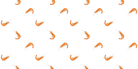 Pattern of prawns on a white background. Modern trendy food wallpaper. Seamless texture shrimp. Top view, flat lay