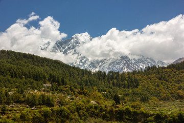 Fototapeta na wymiar A Himalayan landscape with the snow covered Nilgiri North mountain towering over pristine, green alpine forests on the Annapurna Circuit in Nepal.