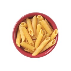 Penne Rigate noodles in a red bowl Isolated on white background.	