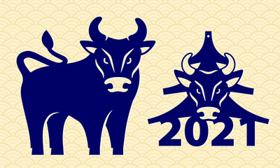 Laser cutting template, wood carving.  Bull, head of bull. Chinese zodiac sign year of Ox. New Year 2021 Christmas tree toy.  Die cut paper card. Stencil. Vector silhouette illustration of cute animal