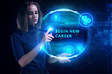 Business, Technology, Internet and network concept. Young businessman working on a virtual screen of the future and sees the inscription: begin new career