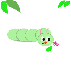 Illustration of a green caterpillar with leaves and eating flowers