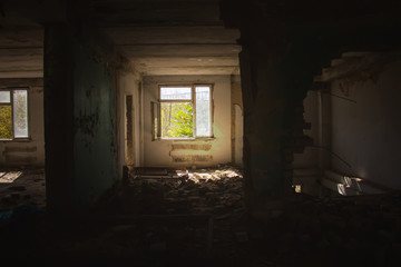 Old ruined haunted house, abandoned house. The lost city of Pripyat. Modern ruins. Chernobyl - image.