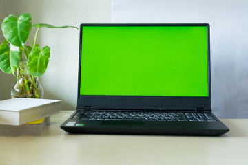 A laptop computer showing chroma green screen on LCD display stands on a desk with books next to...