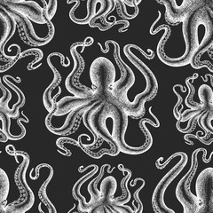 Octopus seamless pattern. Hand drawn vector seafood illustration on chalk board. Retro sea animals background
