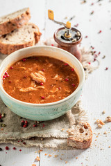 Tripe soup seasoned with a mix of peppers