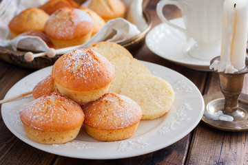 Homemade vanilla muffins sprinkled with icing sugar, selective focus