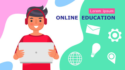 Boy Students in primary and secondary school online education type educational instruction that is delivered via the internet to students using their home computer Cartoon character Vector. 