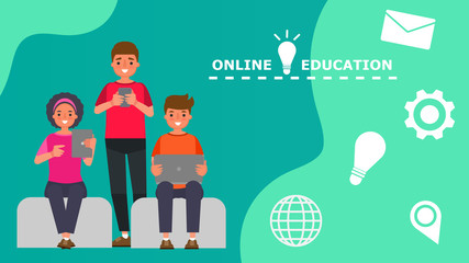 Male female students in primary and secondary school online education type educational instruction that is delivered via the internet to students using their home computer Cartoon character Vector. 