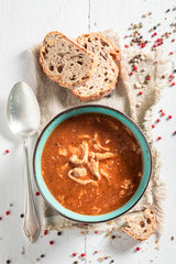 Delicious tripe soup seasoned with a mix of peppers