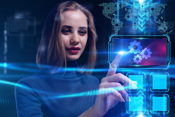 Business, Technology, Internet and network concept. Young businessman working on a virtual screen of the future and sees the inscription: