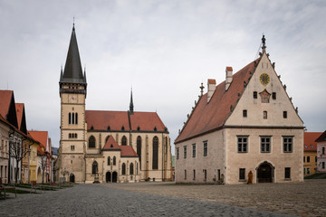 Fototapeta na wymiar St. Aegidius Basilica and Town hall in the center of the main square of Bardejov, Slovakia. The town Bardejov is UNESCO World Heritage Site