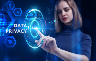 Business, Technology, Internet and network concept. Young businessman working on a virtual screen of the future and sees the inscription: Data privacy