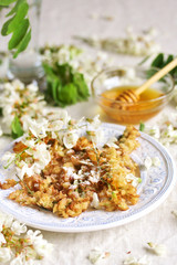 acacia flowers fried in batter. Edible flowers. foraging. 