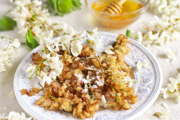 acacia flowers fried in batter. Edible flowers. foraging. 