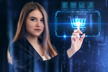 Business, Technology, Internet and network concept. Young businessman working on a virtual screen of the future and sees the inscription: