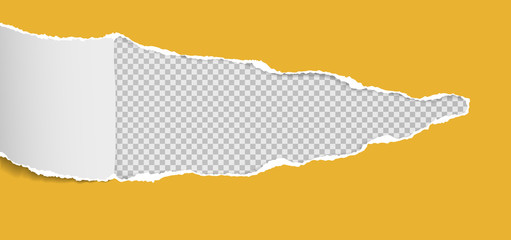 Torn, ripped hole in piece of yellow paper on white squared background. Vector illustration
