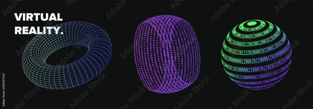 Poster Set of 3d shapes made of binary code or from square wireframe. Concept of virtual reality VR, artificial intelligence AI and Big Data. Collection of vector elements for logotype, poster, cover design.