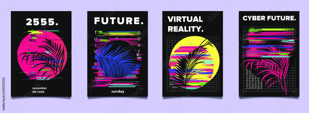Poster Set of vaporwave and synthwave style retrofuturistic posters with ferns and coconut palm leaves silhouette. Collection of covers for music, hackathon or programming event.