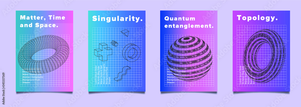 Fototapete Set of cyberpunk/ vaporwave/ synthwave style futuristic posters with binary code and 3d figures. Collection of covers for music, hackathon or informational security event.