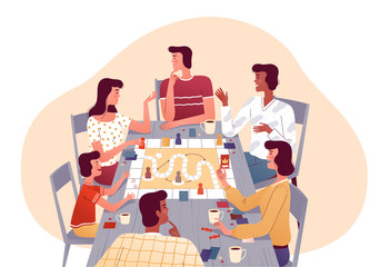 A cheerful family plays board games with friends. Joyful men and women sit together at home at the table, talk and drink tea. Home activities and entertainment