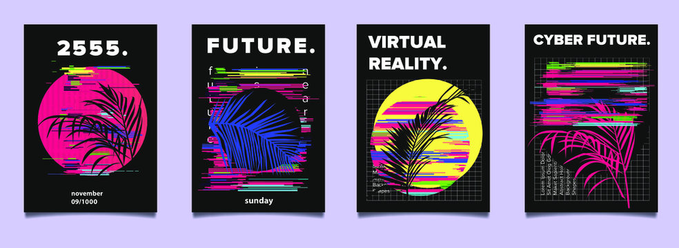 Set of vaporwave and synthwave style retrofuturistic posters with ferns and coconut palm leaves silhouette. Collection of covers for music, hackathon or programming event.