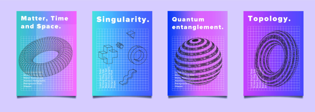 Set of cyberpunk/ vaporwave/ synthwave style futuristic posters with binary code and 3d figures. Collection of covers for music, hackathon or informational security event.