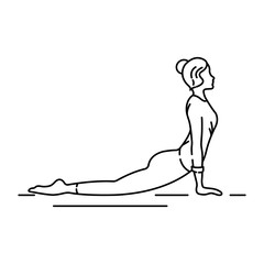 Cobra Pose Bhujangasana black line icon. Reclining back-bending asana in hatha yoga and modern yoga as exercise. Pictogram for web page, mobile app, promo. UI UX GUI design element. Editable stroke