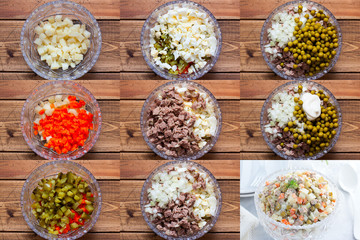 Collage of step-by-step preparation of a traditional New Year's salad Olivier with beef, selective focus