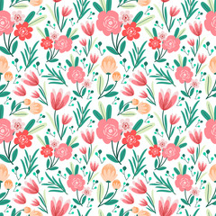 Colorful pastel Flower Seamless Pattern with white background