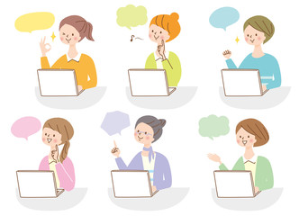 パソコン　笑顔　若い女性　表情セット