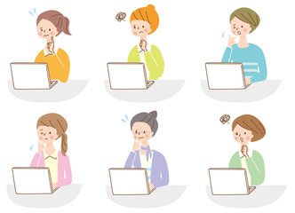 パソコン　困った　若い女性　表情セット	
