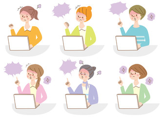 パソコン　怒る　若い女性　表情セット	
