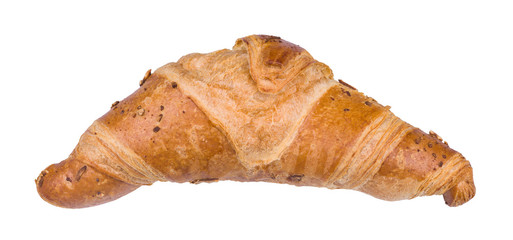 Close-up of tasty crispy butter croissant isolated on white background. One baked roll from layered yeast leavened dough sprinkled with grated cheese. Fresh bakery product of French cuisine. Top view.