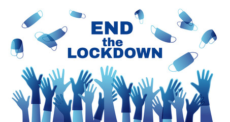 Quarantine is over. pandevic end. end the lockdown. coronavirus is finish. Hands up. multi-national group of people cheers with their hands raised in protective gloves throw up protective masks.