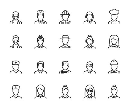 Vector set of profession line icons. Contains icons doctor, seller, fireman, builder, administrator, maid, gardener, operator and more. Pixel perfect.