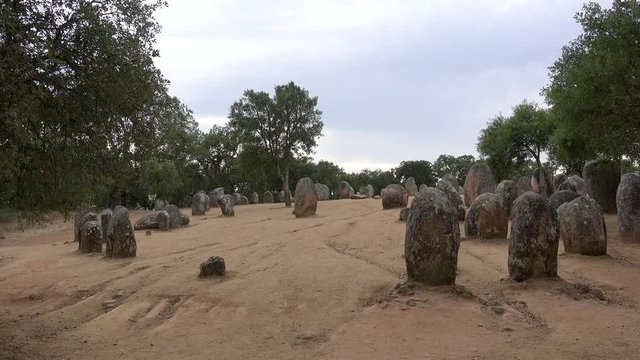Almendres Cromlech megalithic complex at Evora district.  Guadalupe, Evora, Alentejo, Portugal.