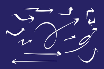 arrows Hand drawn doodle direction mark. Handmade sketch symbols set on a blue background. vector illustration graphic design elements.