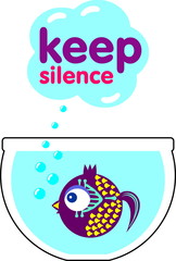 Decorative violet fish in aquarium with inscription keep silence