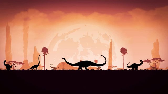 Video Dinosaur Park. Silhouettes of dinosaurs against the background of the night sky