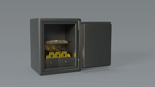 Realistic 3D render illustration of an open safe with money notes and gold bars