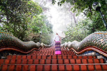 Portail of beautiful woman with traditional northern thai dress in temple