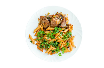 pasta with meat sprinkled with herbs on a white background