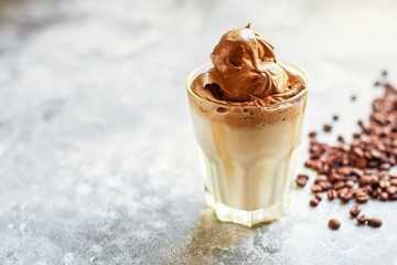 Dalgona coffee trend ice drink
cappuccino or latte fluffy creamy whipped
Menu concept healthy eating. food background top view copy space for text