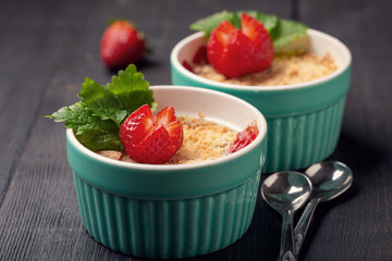 Strawberry crumble in a baking dish
