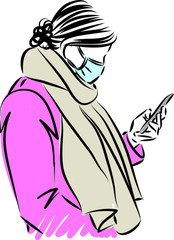 woman with cellphone and mask prevention concept vector illustration
